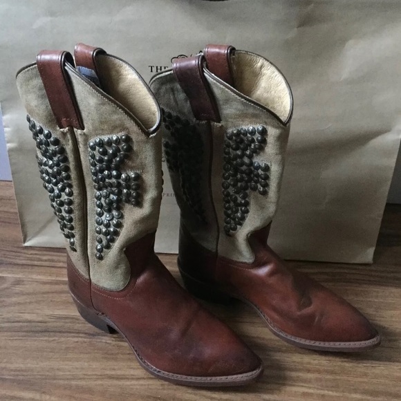 Frye Boots Shoes - Ladies Frye Studded Canvas & Leather Cowboy Boots